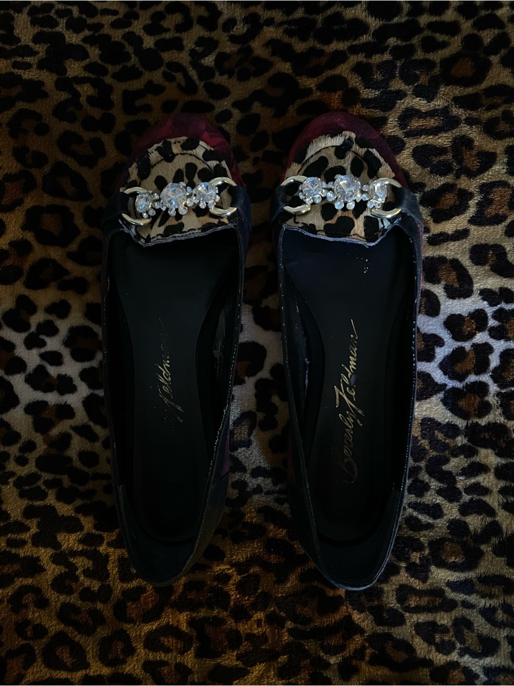 Beverly Feldman Black and Burgundy Leopard-Accent Flats with Crystal Chain